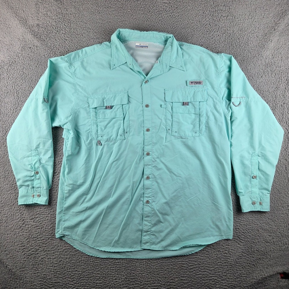 Columbia PFG Mens XLT Camp Shirt Blue Green UPF 50 Fishing Button Down Vented